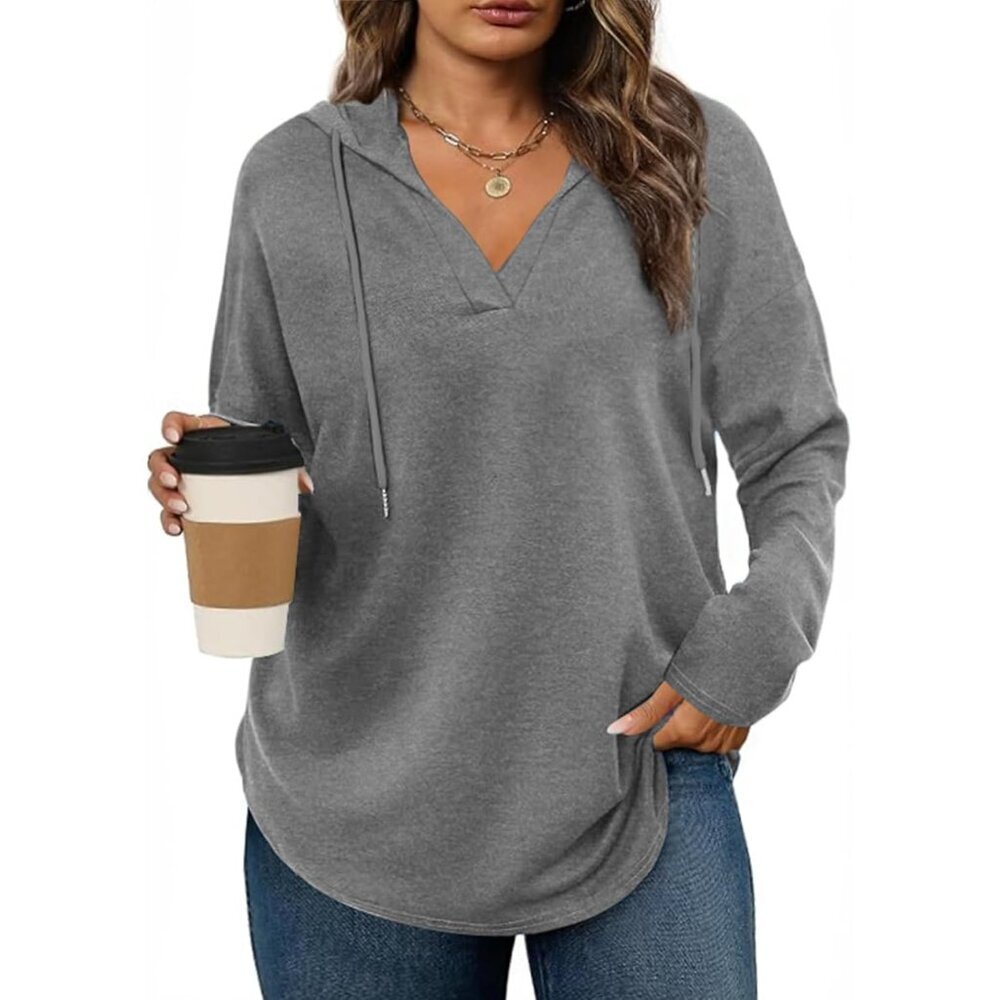 Plus Size Women's Sweatshirt Long Sleeve V Neck Drawstring Pullover